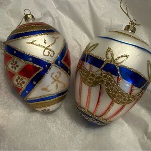 Christmas Ornaments 2 Blown Glass Egg Shaped Large Decorated Glittered Blue Red